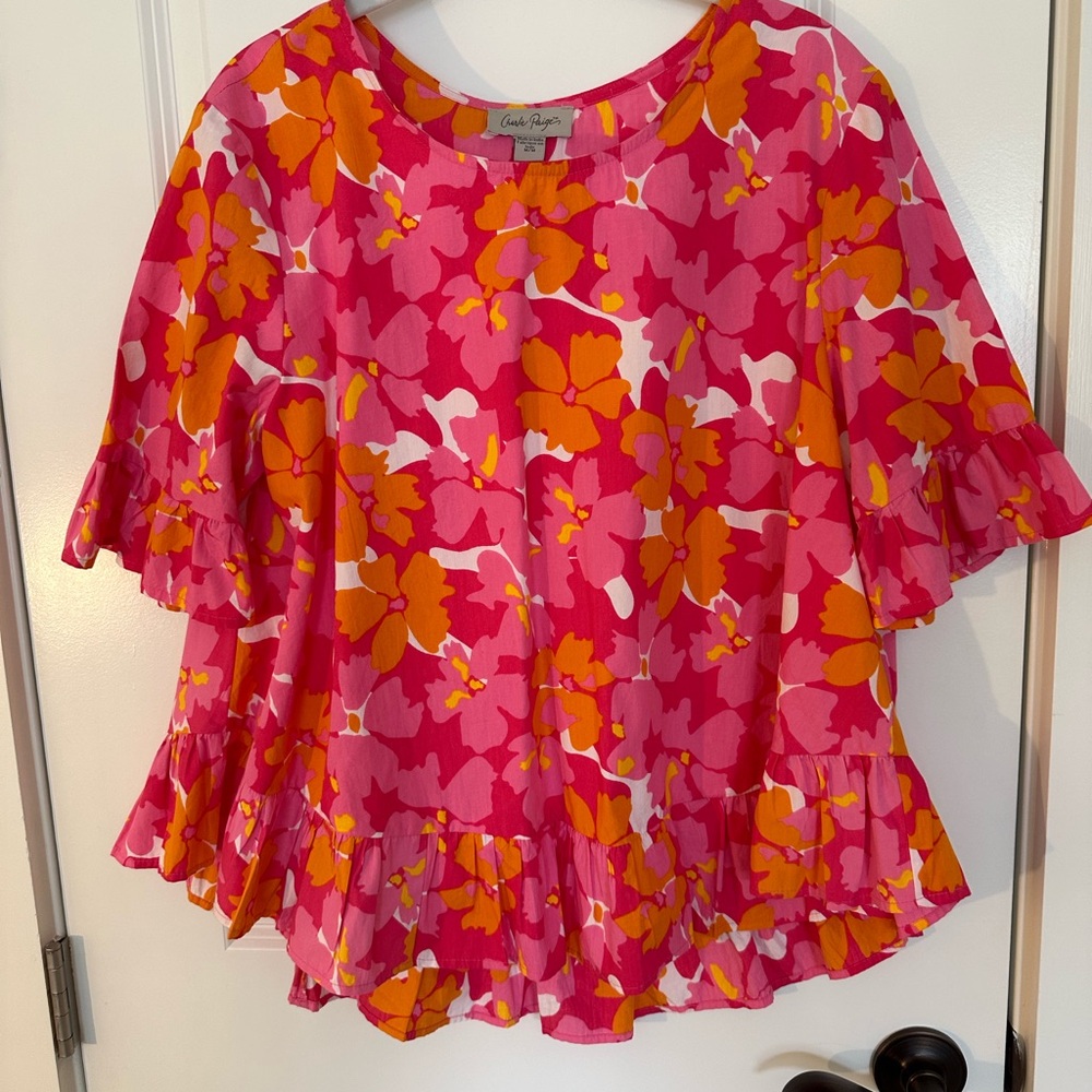 Charlie Paige Pink and Orange cotton floral blouse, A-line.  NWOT